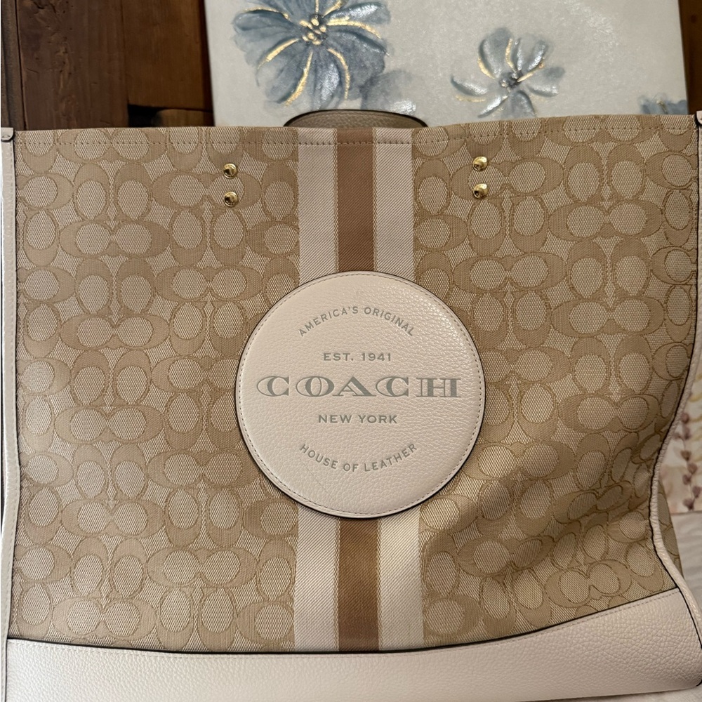 Coach Beige Signature Canvas and leather  Tote with Cream Trim and Center Logo